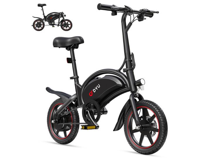 DYU D3S elektrische fiets voor volwassenen, 250 W motor, 36 V 10Ah accu, 14 inch banden, mini opvouwbare elektrische fiets - Zwart