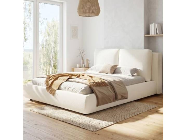 BXEYXE Polsterbett, Doppelbett, 180 * 200cm, Bett mit Lattenrost und gepolstertes Kopfteil, Beige Bouclé