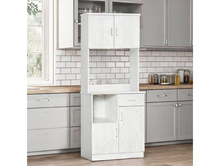 Buffet design contemporain blanc avec grand plateau et multiples rangements panneaux de particules