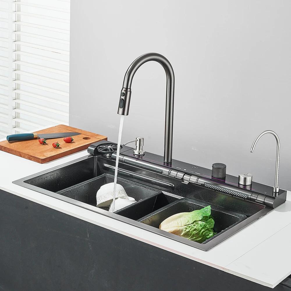 Küchenspüle Wasserfall - Einzelbecken, Aufsatz - Edelstahl - Armatur mit Filteranschluss - Ausziehbrause 3 Modi - LED Temperaturdisplay (Wasserkraft) - Gunmetal Grau/Grün