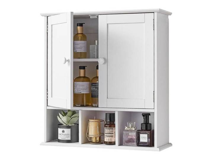 2 portes étagère réglable 3 niveaux armoire murale de salle de bain pour rangement au-dessus des toilettes