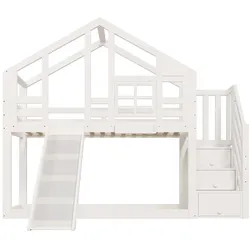 OKWISH Etagenbett Baumhaus aus Massivholz und MDF, Weiß, 90x200 cm, mit Rutsche und Stauraum