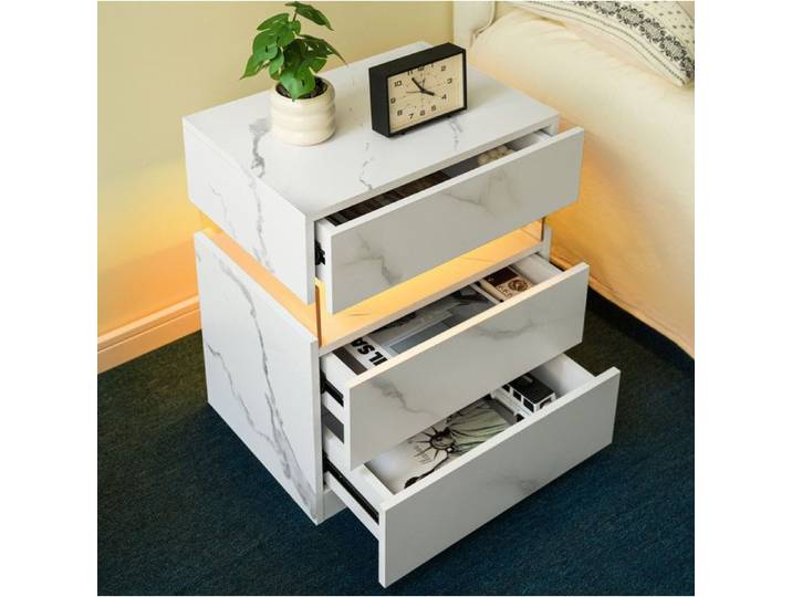 VUENOR Table de chevet LED 3 tiroirs 38x48x61 cm blanc mat – rangement pratique
