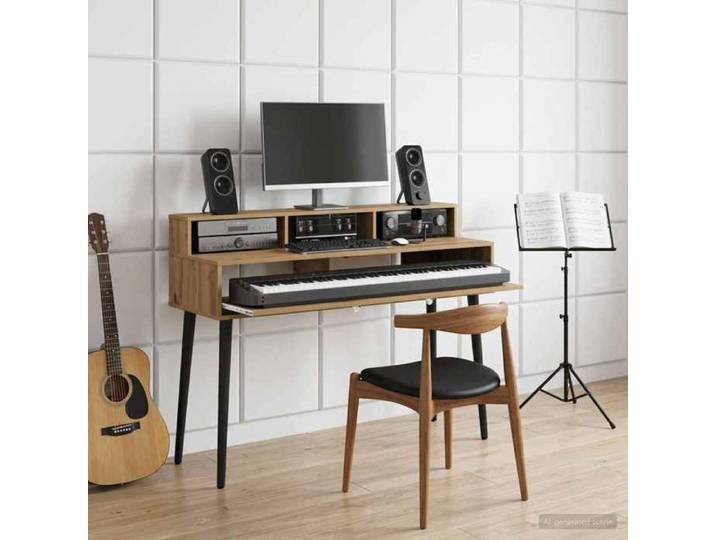 Moderne Bureau de studio - Chêne artisanal - 152x42 5x36 cm - Accessoire instrument à clavier @FR 5810