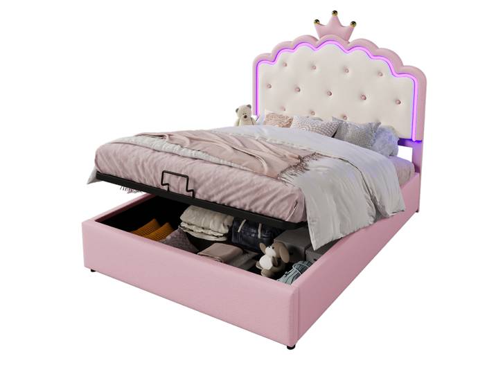 Lit Enfant 140x200 Princesse Avec Coffre Hydraulique\, Led D’ambiance Et Tête De Lit Couronne\, Sans Matelas\, Rose - Chicfurn