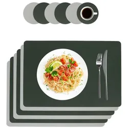 Relaxdays Platzdeckchen mit Untersetzern 6er Set Dunkelgrün,Grau