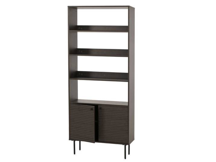 Bibliotheque design scandinave 200 cm etagere haute avec rangements et portes en bois fonce et metal 04_0009761