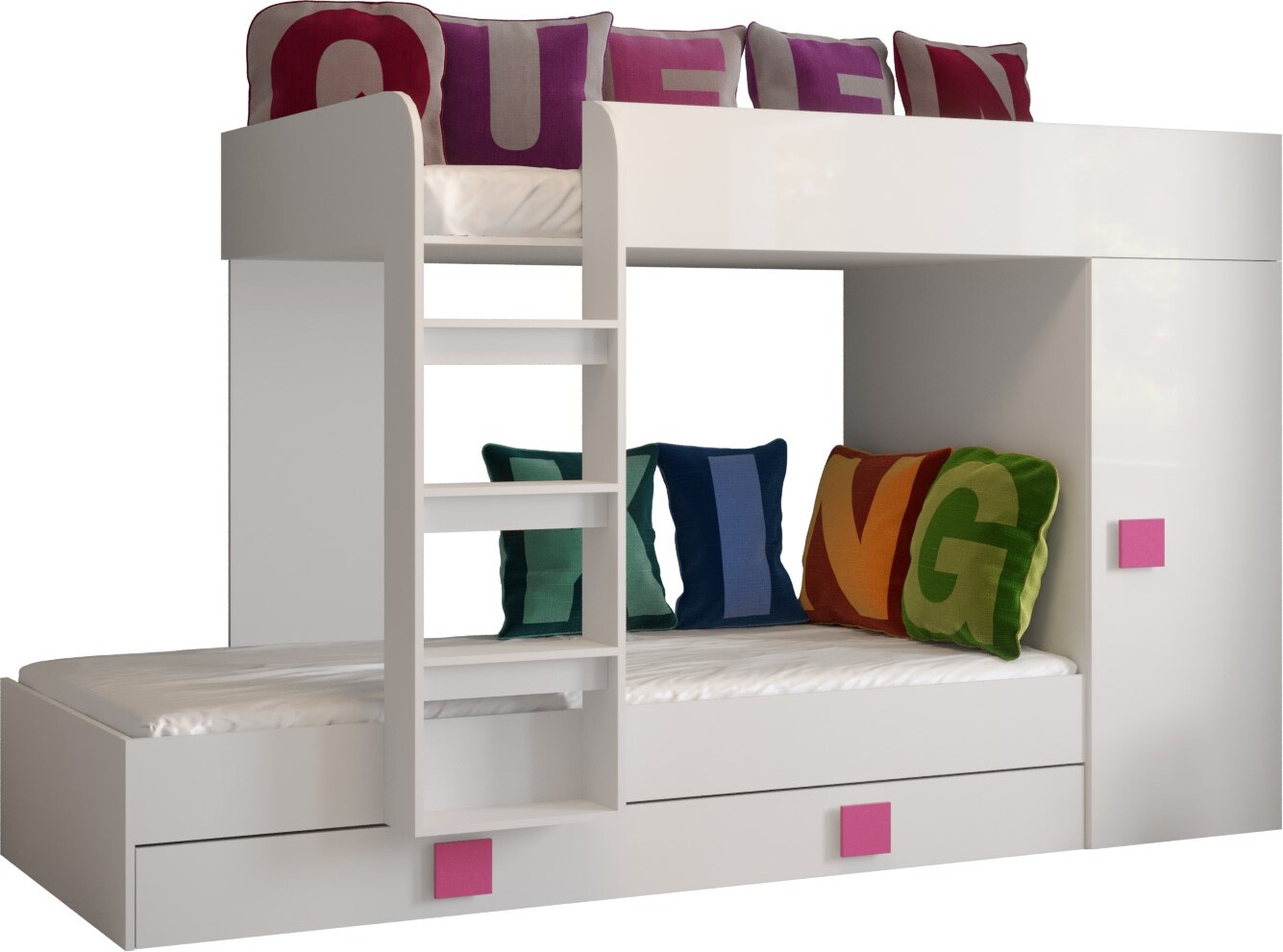 Etagenbett für Kinder Toledo 2 Stockbett mit Treppe und Bettkasten (Weiß + Weiß Glanz + rosa Griffe)