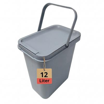 BigDean 12 Liter Mülleimer Grau mit Deckel, Henkel und Mülltütenbefestigung aus Kunststoff