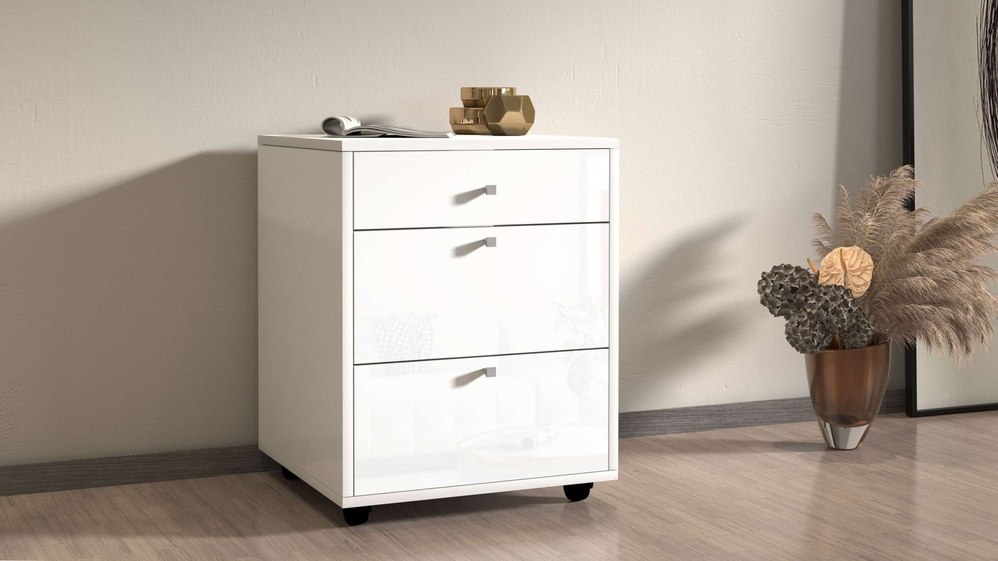 Rollcontainer HOME AFFAIRE "ESSE", weiss (weiß hochglanz), B:47cm H:61cm T:45cm, Holzwerkstoff, Rollwagen, Rollcontainer, mit 3 Schubladen, Schreibtischcontainer, Höhe 61 cm weiß hochglanz B/H/T: 47cm x 61cm x 45cm