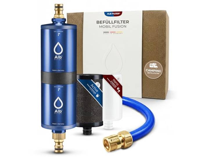 Alb Filter MOBIL FUSION Befüllfilter Camping Alu Blau Zweistufiger Wasserfilter gegen Schadstoffe & Keime bis 0,1 µm, Befüllfilter, GEKA-Set, Made in Germany