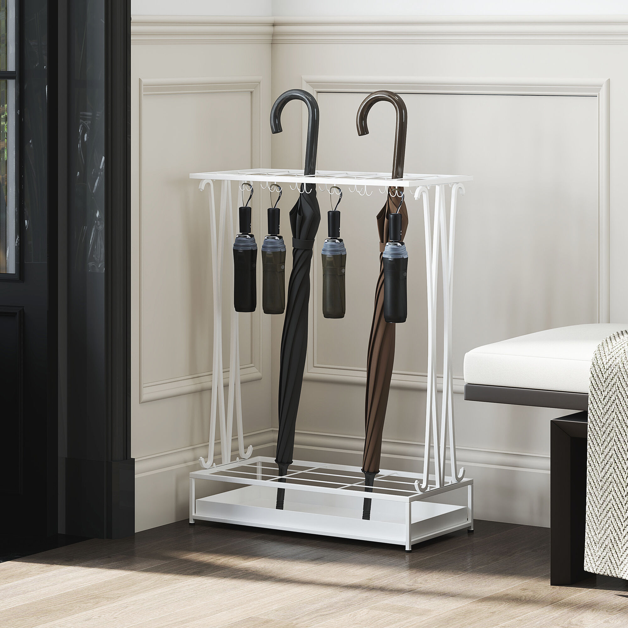 Altro Portaombrelli Con Vaschetta Per L'acqua, 21 Fori E 24 Ganci Per Ombrello, In Acciaio, 50x24x68 Cm, Bianco