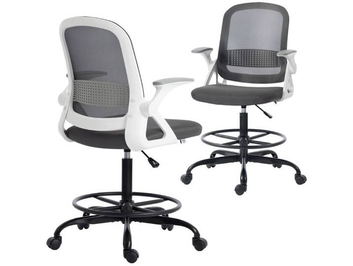 CollaHausse Chaise Bureau Dessin Gris Maille Accoudoirs Pliables Hauteur Ajustable Repose-Pieds