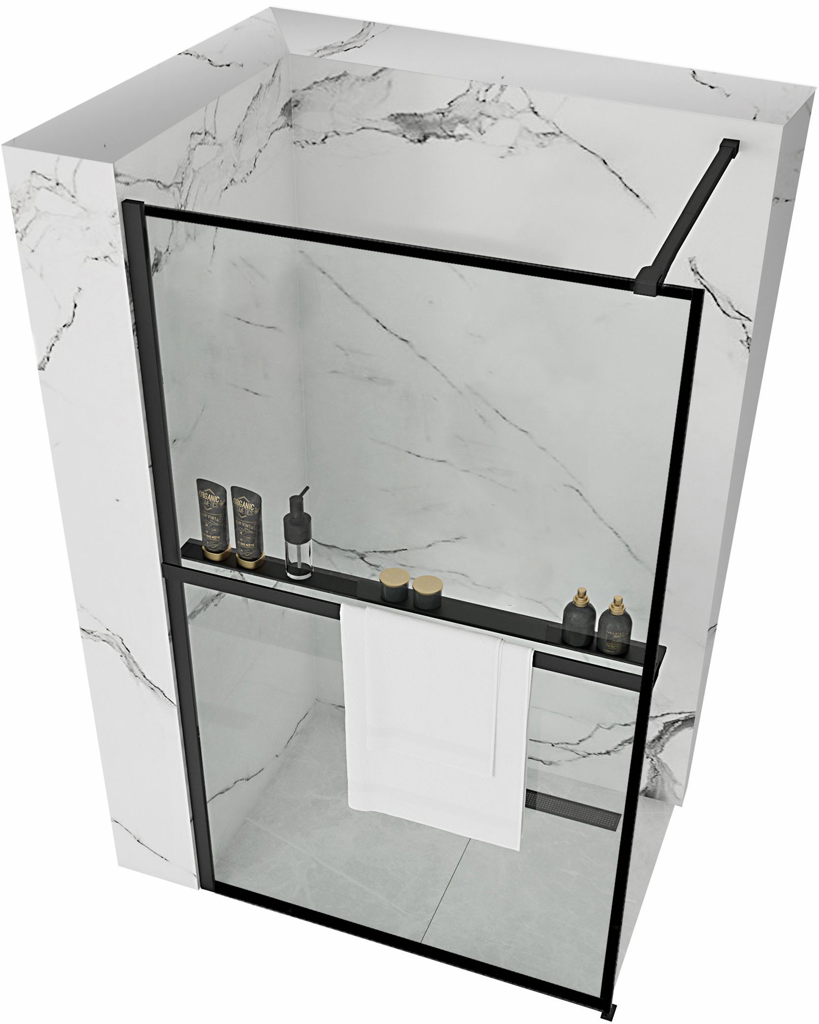 Bler begehbare Duschwand 70 cm breit 195 cm hoch 8mm Transparentglas Schwarz Nano-Beschichtung