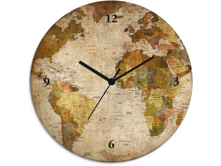 Wanduhr ARTLAND Weltkarte , braun, T:1,8cm, Wanduhren, Wanduhr, wahlweise mit Quarz- oder Funkuhrwerk, lautlos ohne Tickgeräusche