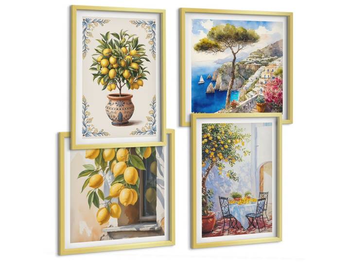 BILDER SET 4er Set - 50x50 cm & 40x60 cm Goldrahmen - Zitronenbäume in der Sonne