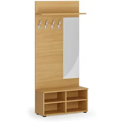 Garderobenwand HORIZONT, Schuhregal + Spiegel, 4 Haken, Ablage, Holzstruktur horizontal, Buche