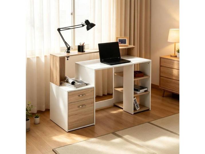 Bureau informatique multifonction avec 2 tiroirs et étagères ouvertes rangement imprimante pour bureau à domicile blanc - UVRION