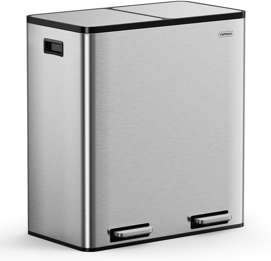 VonHaus 60L Compartment Bins Step On Multi-Compartment Rubbish & Recycling Bin Stainless Steel 60L