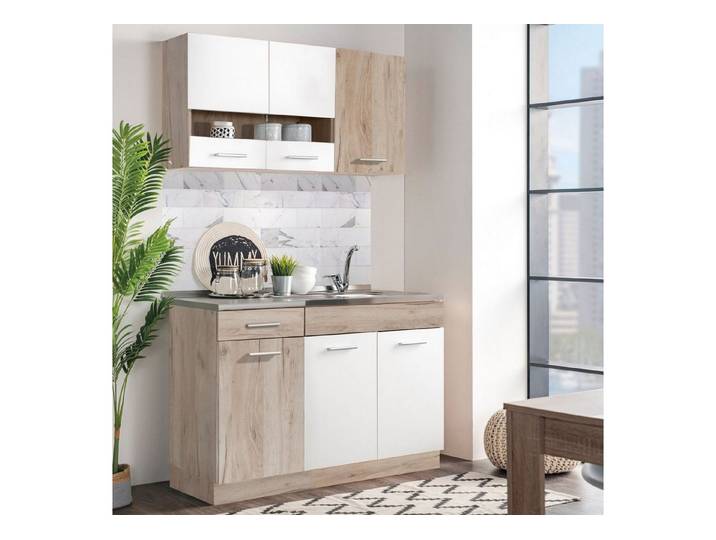 Homestyle4u Küchenzeile ohne Geräte 120 cm Singleküche Küchenschränke matt Weiß Eiche Braun, (Oberschränke, Unterschränke, 2 Arbeitsplatten, Einbauküche), Küchenblock, Einbauküche, Miniküche