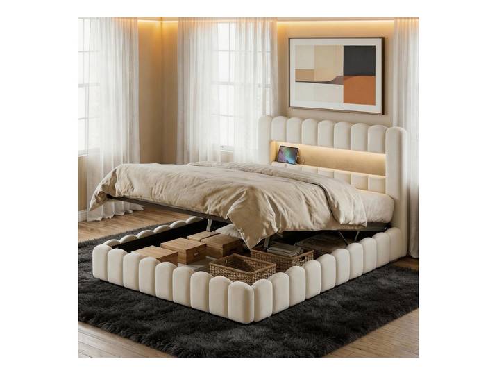 NMCXXO Polsterbett Jugendbett Futonbett 180x200cm, Stauraumbett, Bettkasten, LED-Beleuchtung, USB-Anschluss