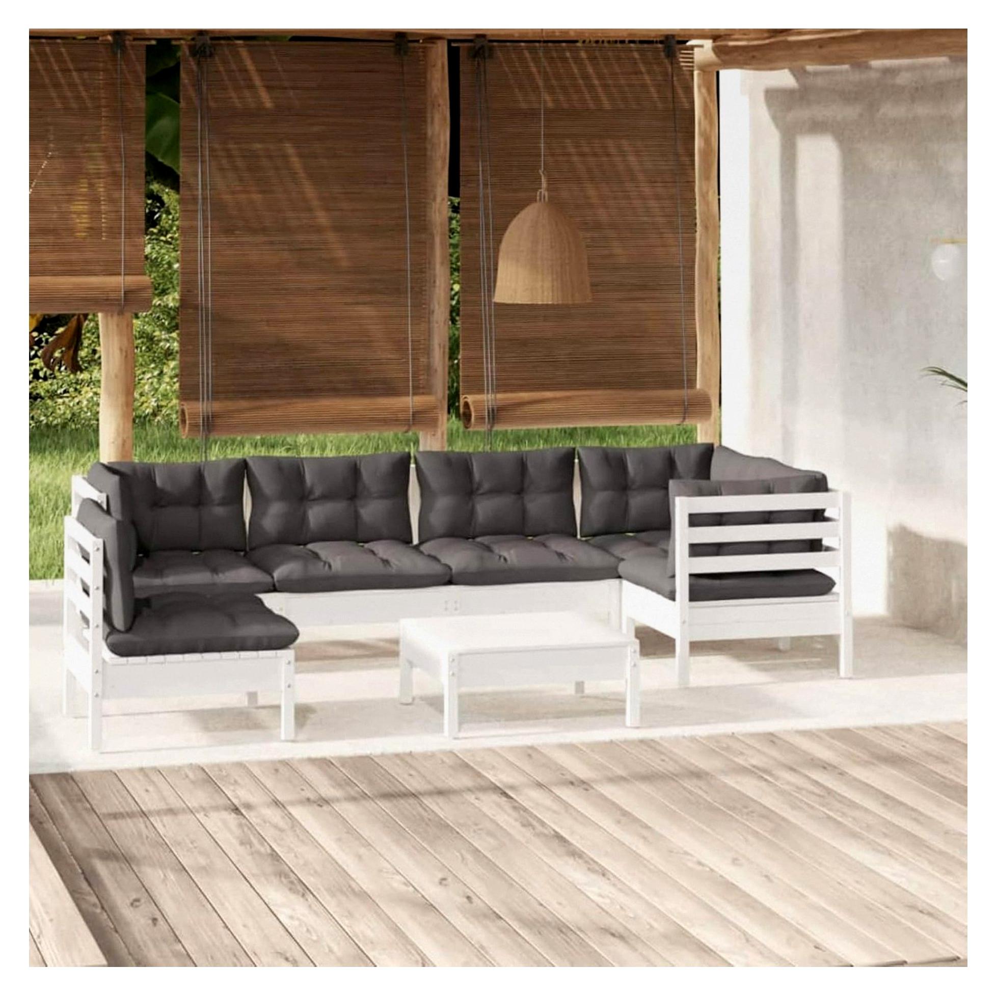 7-teiliges Gartensofa-Set aus Kiefernholz mit weißen Kissen, Gartenmöbel für den Außenbereich
