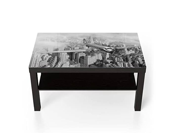 DEQORI Glastisch schwarz groß 90x50 cm Motiv Flugzeug über Stadt ausgefallener Beistelltisch aus Glas Hochglanz Couchtisch fürs Wohnzimmer moderner Couch Tisch mit Design