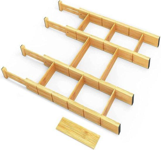 Unyqoos verstelbare ladeorganizer van bamboe, set van 4 met 9 inzetstukken, 44–56 cm