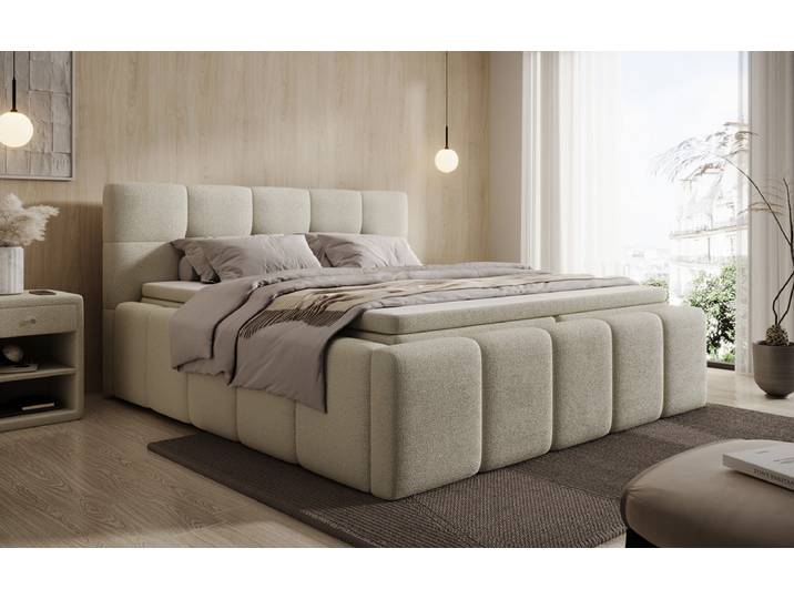 Designer Polsterbett Romy in Teddy Bouclé mit Stauraum inkl. Matratzen - 180x200 - Grün - Luxusbetten24