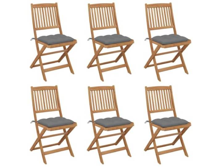 KUTYWEXFM 6er Set Klappbare Gartenstühle Massivholz Akazie mit Kissen Praktische Sitzgruppe für Balkon und Terrasse: Faltbare Stühle mit dicken grauen Kissen zum Entspannen.