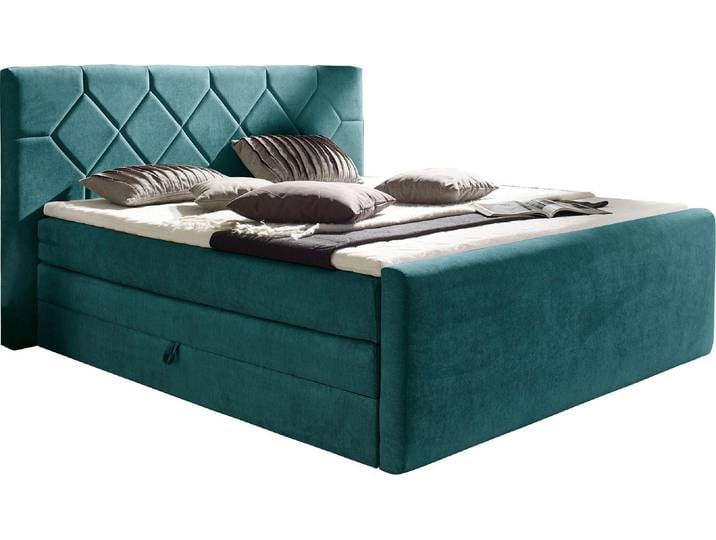 Boxspringbett, Massivholz & Kunststoff, Blau, 180×221 cm, Mit Bettkasten & Topper, Modern, Places of Style