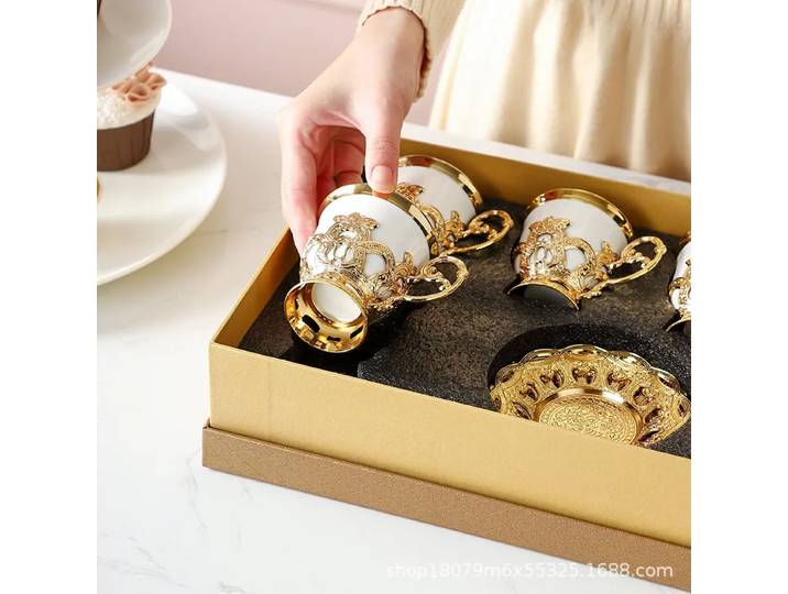 Ensemble de six tasses à café plaquées or, style européen, bord bas, boîte-cadeau
