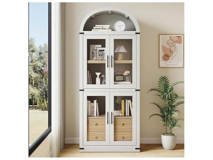 Armoire garde‑manger arche bois porte 2 tiroirs vitrine rangement cuisine salle à manger blanc