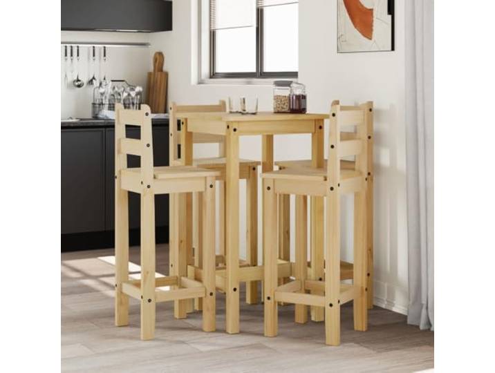 LPERTGFHU 5-TLG. Bar-Set, Massivholz Kiefer, Bartisch & 4 Stühle Rustikale Optik, Bequeme Rückenlehne, Platzsparendes Design