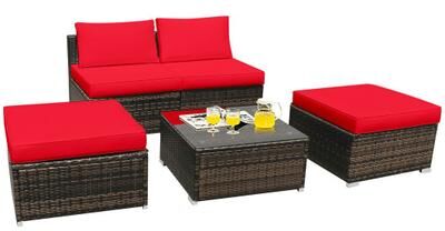 Costway 5 Pieces Patio Rattan Furniture Set with Cushioned Armless Sofa-Red
