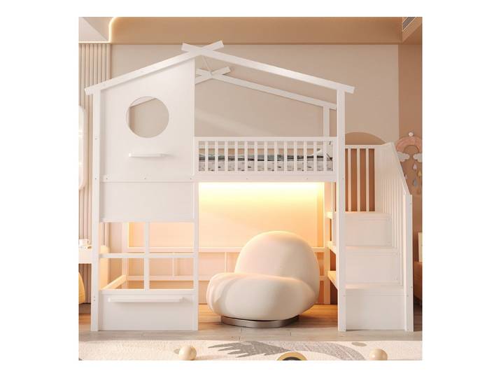 i@home Hochbett Metall-Hochbett,Jugendbett,Kinderbett,Multifunktionsbett,90x200cm im Wohnstil gestaltet,mit Treppe,mit Stauraum und hohem Geländer,Weiß