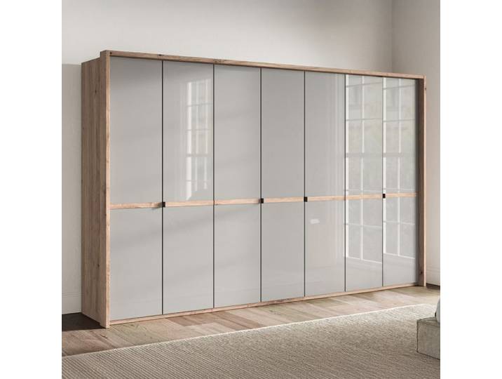 Drehtüren-Kleiderschrank Tiam Eiche Dekor mit Glasfront H:216cm/B:350cm/T:58cm Hellgrau modern