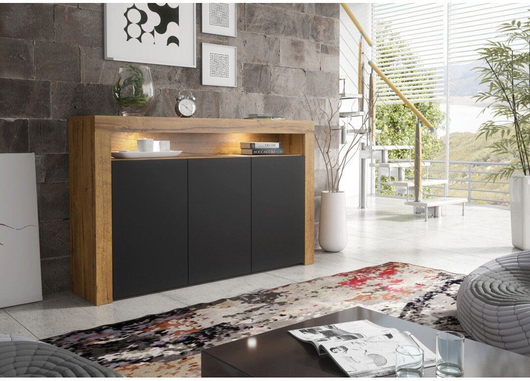 Metro Argyro 393.7 cm W Sideboard Oak Black 233.68cm H X 393.7cm W X 101.6cm D