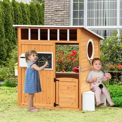 SPIELHAUS für Kinder Holz Kinderspielhaus mit Fenster Briefkasten Blumentopfrack