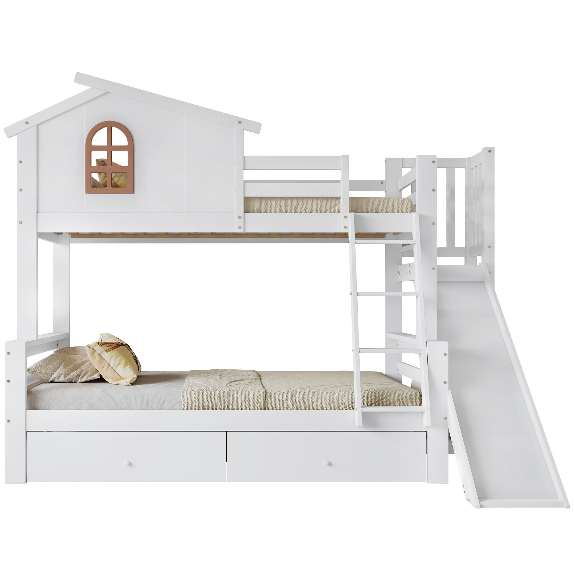 Etagenbett 90x200/120x200 cm Weiß mit Fenstern, Rutsche, Treppe und 2 Schubladen, ohne Matratze