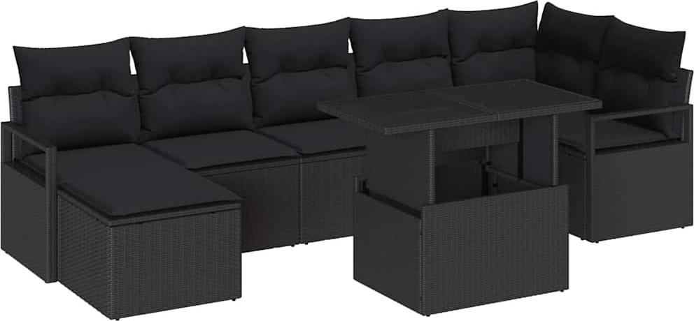 Modulares Garten-Sofa-Set, 8-teilig, mit Stauraum, Poly Rattan Schwarz, handgewebt, höhenverstellbarer Tisch, 6 Sitzplätze