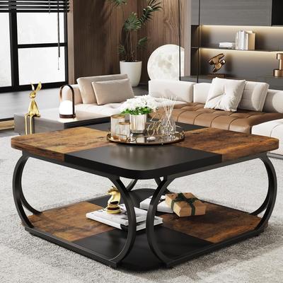 Jiallo "39"" Square Coffee Table with Storage Shelf - 2-Tier Rustic Brown & Black"
