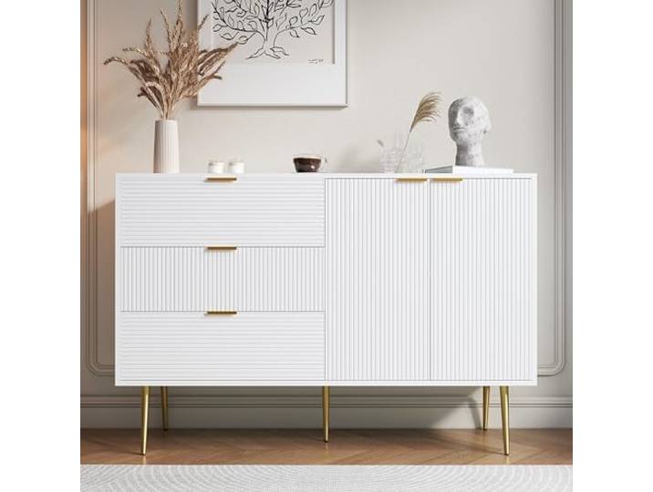 Elaimoros Sideboard, Wohnzimmerschrank mit Türen und Schubladen Innenregalen, Kommode mit goldenen Griffen und Beinen