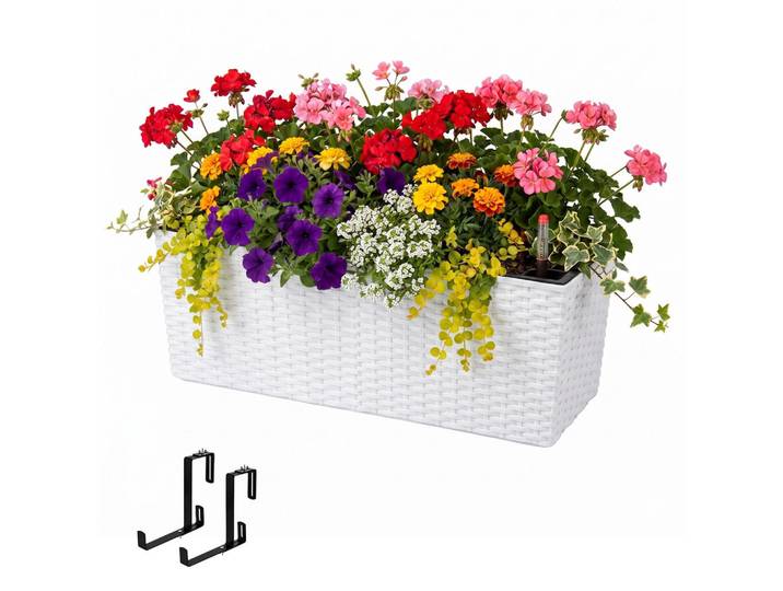 Relaxdays Balkonkasten Weiß mit Halterung, Kunststoff, Metall, 50x19x19 cm, Dekoration, Blumen & Blumentöpfe, Übertöpfe