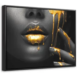 LEINWAND Bilder mit Rahmen - Frau - Schwarz - Gold - Gesicht - Lippen - 40x30