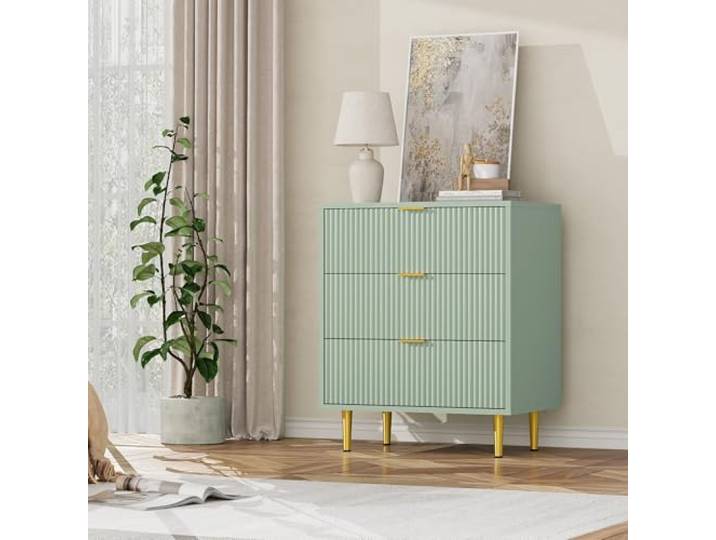 LuxFocus 3 Schubladen Kommode Wellenfront Olivgrün Gold Moderne Aufbewahrungskommode mit goldenen Griffen und Beinen für Schlafzimmer, Wohnzimmer, Flur und Wohnbereiche