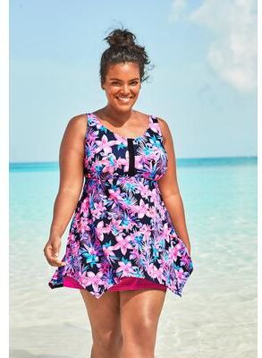 Plus Size Women's Longer-Length Handkerchief Hem Tankini Top by Swim 365 in Navy Tropical Floral (Size 22)
