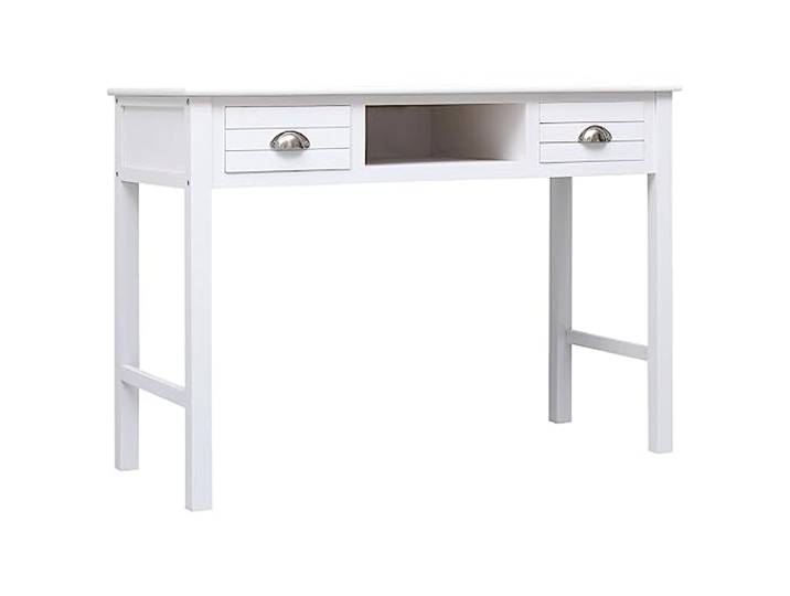 HMDNGOUT Schreibtisch Weiß 108x45x76 cm Massivholz Paulownia 2 Schubladen, offenes Fach, Bürotisch, Computertisch, Konsolentisch, Montageanleitung inklusive