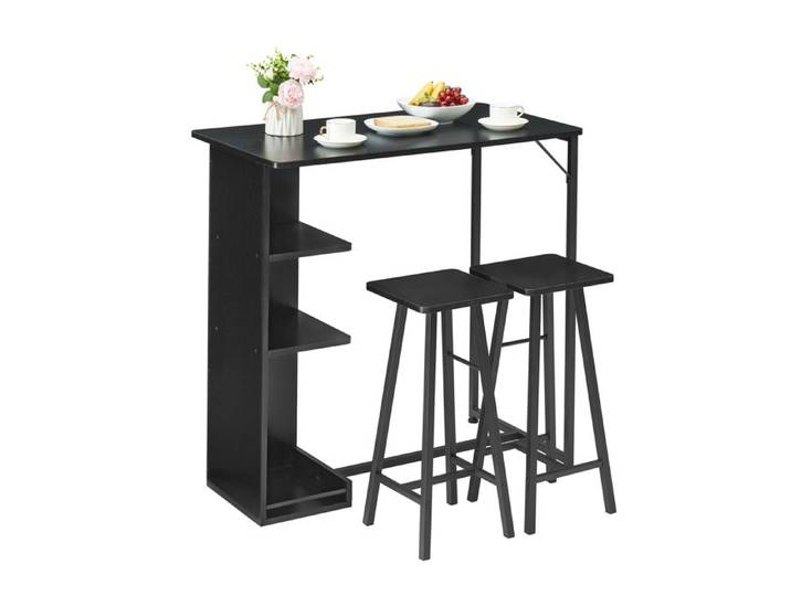 Ensemble table à manger 3 pièces - Table + 2 tabourets - Rangement 3 étagères - Acier/MDF - 90 cm - Cuisine/appartement/studio
