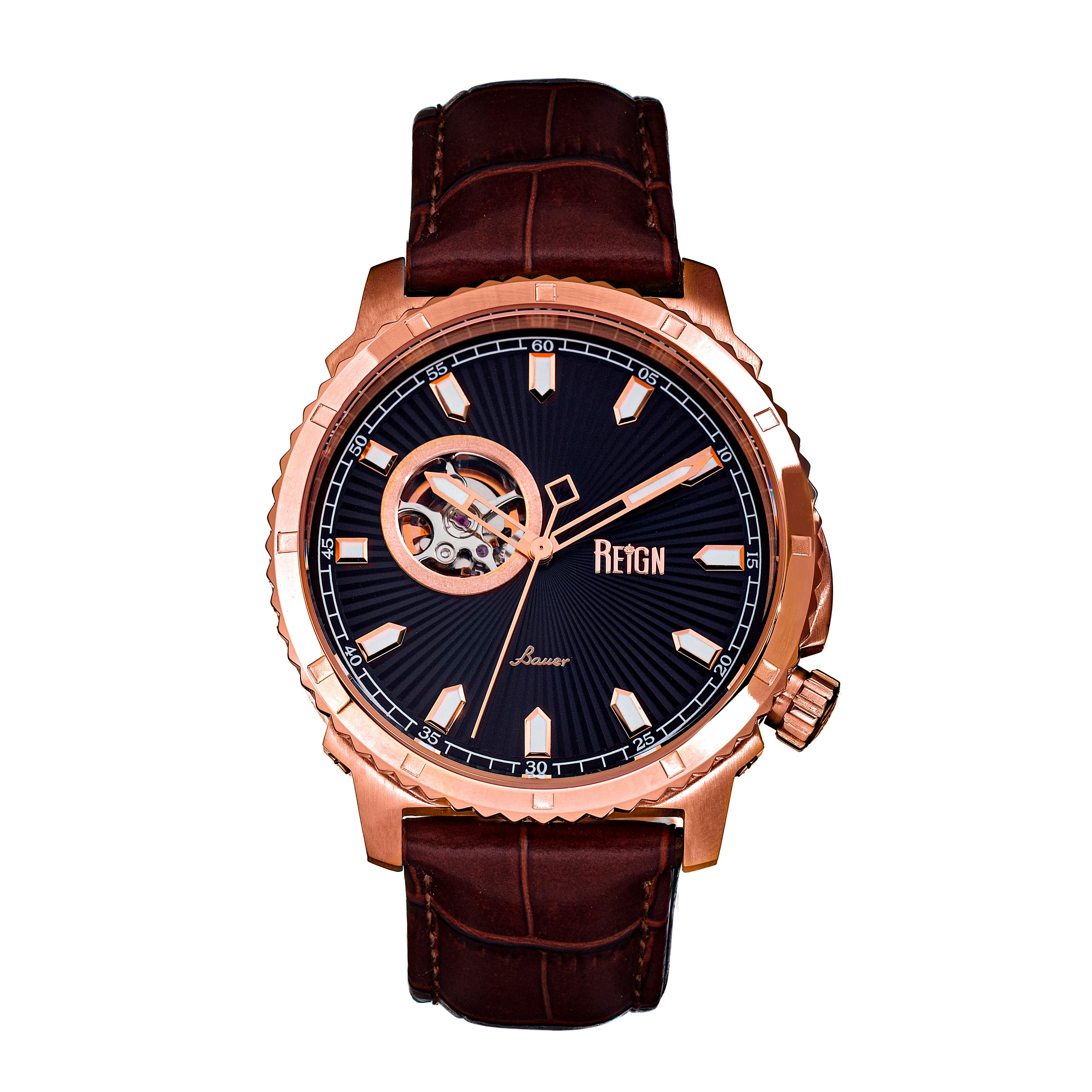 Reign Bauer automatisch semi-skelet lederen band horloge